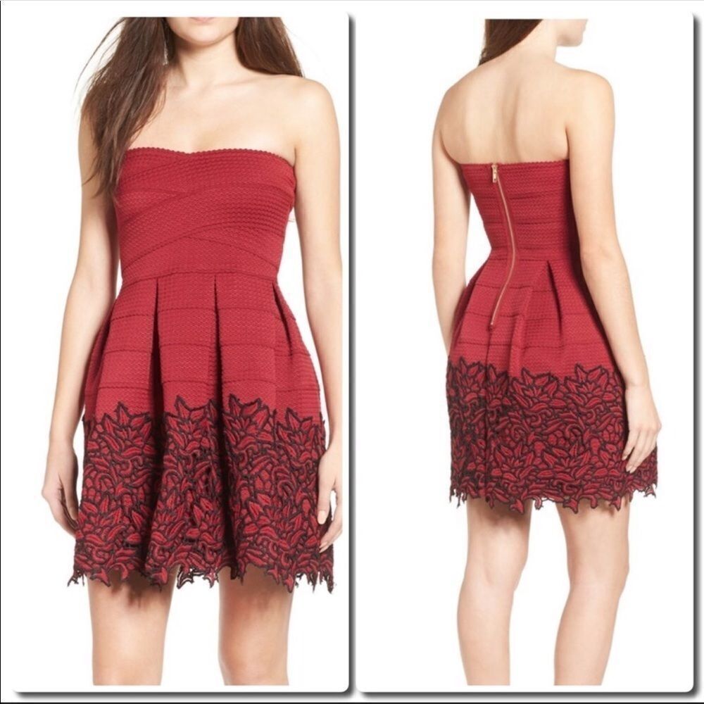 𝅺RED Strapless Embroidered Dress